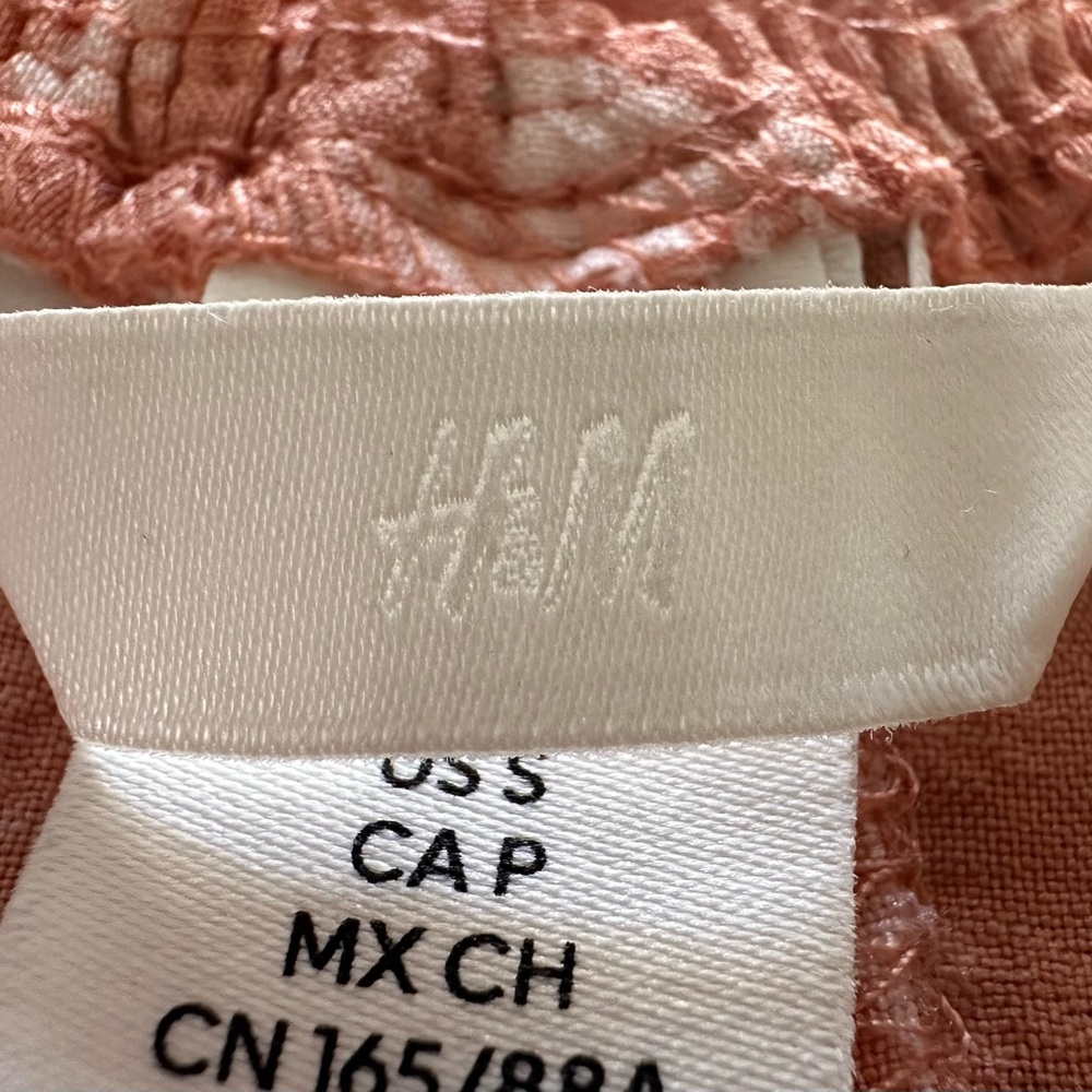 H&M Peach/Coral Peasant Mini Dress Boho Puff Sleeve Smocked Waist Size XS - Picture 6 of 8